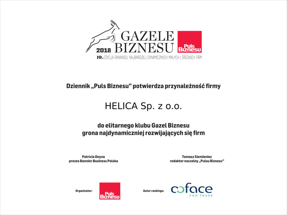 Helica - Helica wyróżniona certyfikatem Gazela Biznesu 2018